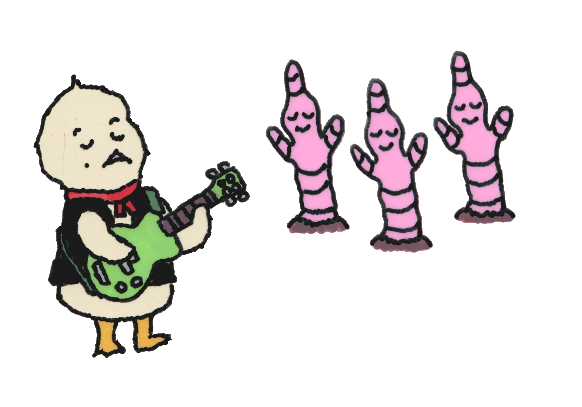 animated gif of bird rocking out on  guitar. with 3 worms swaying in the crowd