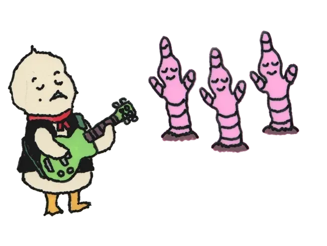 animated gif of bird rocking out on  guitar. with 3 worms swaying in the crowd