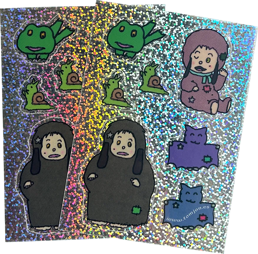 glittery sticker sheets with lots of creatures on.