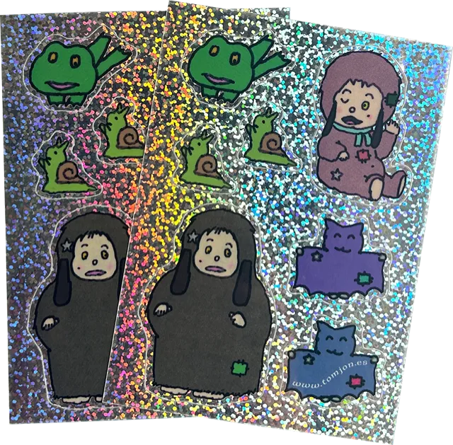 glittery sticker sheets with lots of creatures on.