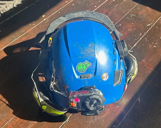 frog sticker and dirty work helmet.